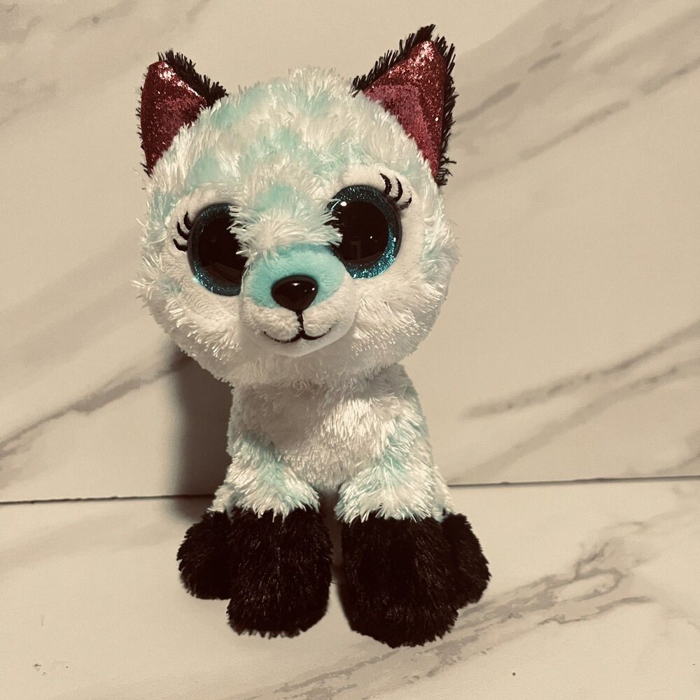 Ty Silk Beanie Boos Atlas the Fox Aqua & White Glitter Eyes and Ears 6in tall